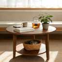 2-Tier Round Coffee Table Wood Nesting Side Table (Walnut, 28x28x18)