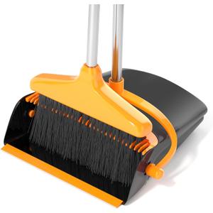 Broom and Dustpan Set for Home Long Handle (51" Length) Extendable Standing Dust Pan for Indoor Lobby Office Kitchen Cleaning (Black and Orange)