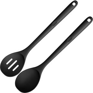 600F Heat Resistant Silicone Spoons: U-Taste 13.3in Solid & Slotted Kitchen Cooking Spoon, Nonstick Long Rubber Utensil, Sturdy for Mixing, Serving, Stirring, Frying, Draining (Black, 2PCS)