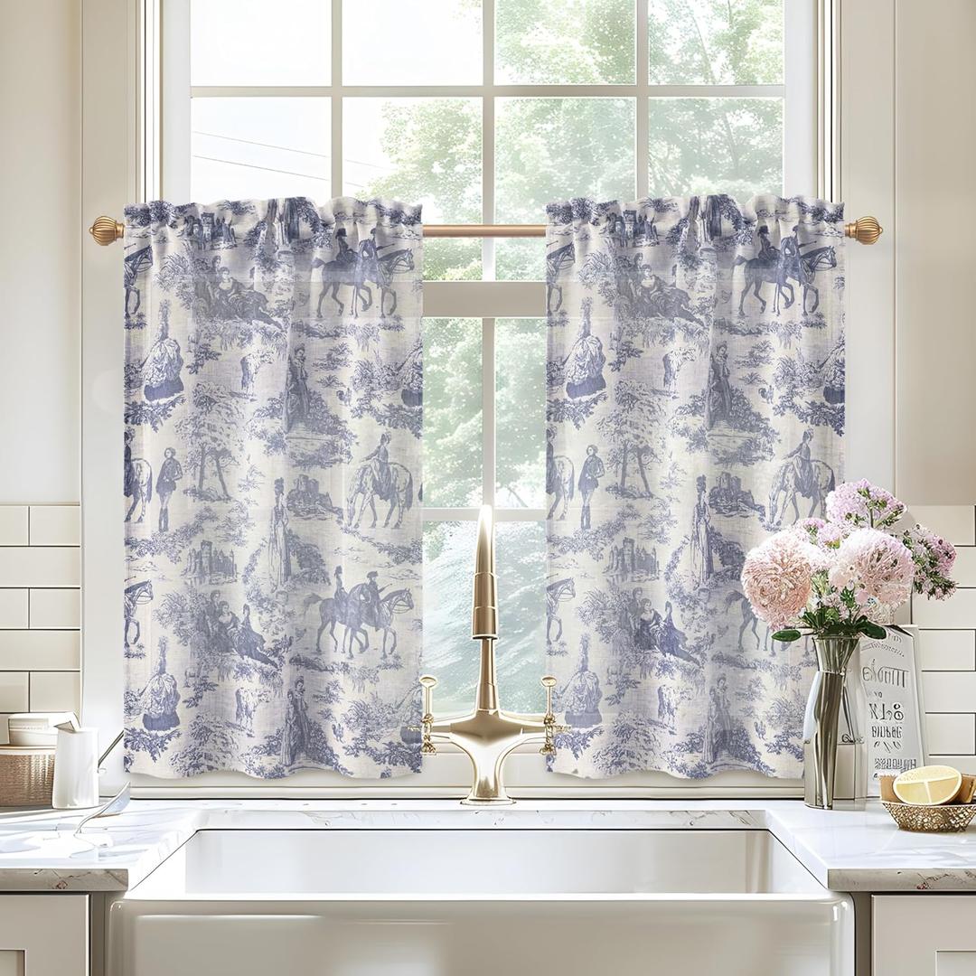 DriftAway Kitchen Curtains Toile Tier Linen Short Curtains Cafe 36 Inch Length for Living Room Bathroom Farmhouse French Country Vintage Printed Pattern Rod Pocket 2 Panels Navy