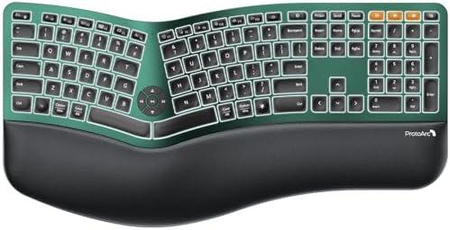 ProtoArc Backlit Bluetooth Ergonomic Keyboard, EK01 Plus Full Size Wireless Split Keyboard with Dual Bluetooth and USB, Cushioned Wrist Rest, Rechargeable, Compatible with Windows/Mac/Android, Green