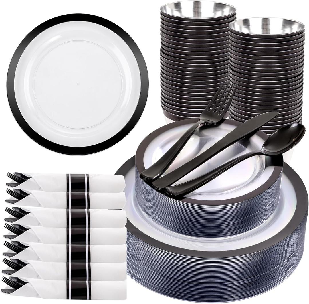 Liacere 350PCS Clear Black Plastic Plates - Clear Plates with Black Rim for 50Guests Dinnerware Include 100 Clear Plates disposable 150 Black Silverware 50 Napkins for Party&Father's Day (Clear Balck)
