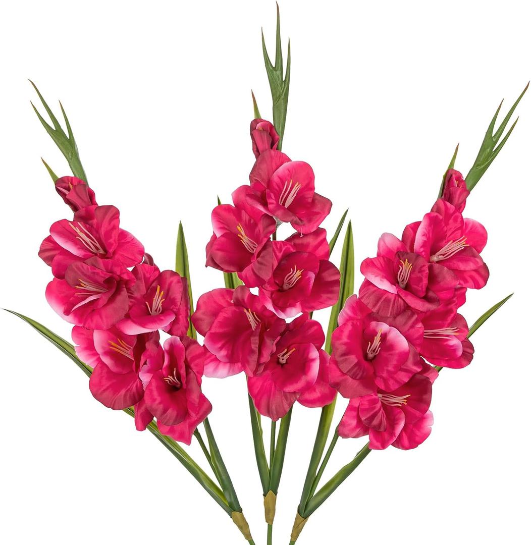 Fuchsia Gladiolus Artificial Flowers 3 Pcs Silk Flowers with Stems Fake Tropical Flower for Vase Spring Summer Indoor Decoration Faux Florals Stems Fillers for Table Centerpieces, Wedding, Home Decor