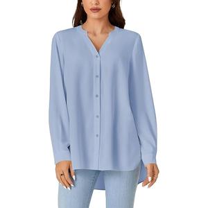 KIFOVEN Women's Long Sleeve Dressy Blouse V Neck Button Down Work Shirt Top Light Blue X-Small