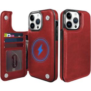 for iPhone 14Pro Max Magnetic Flip Wallet Case 6.7", Compatible with MagSafe, Leather Card Holder Kickstand for iPhone 14 Pro Max (Red, iPhone 14 Pro Max)