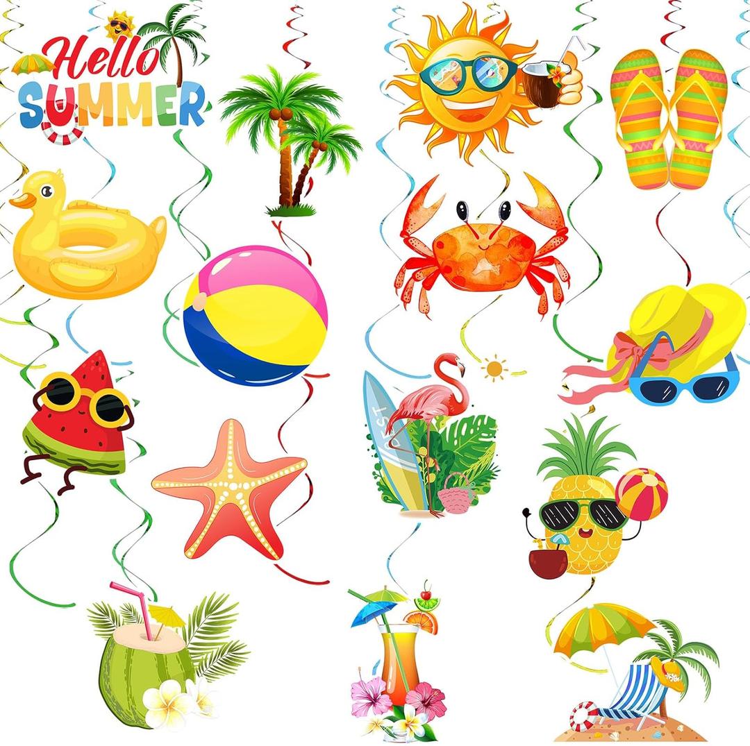 35Pcs Summer Pool Beach Hanging Swirl Decor, Hello Summer Beach Party Decorations, Hawaiian Luau Themed Swirls Streamers Ceiling Supplies for Boys Girls Kids Baby Shower