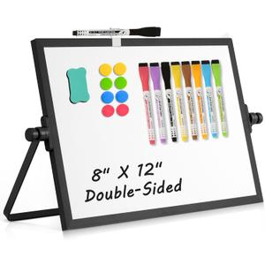 Dry Erase Magnetic White Board, 8" x 12" Black Aluminum Frame Double-Sided Desktop Whiteboard with Stand, Portable Small Whiteboard Set for Drawing, Office, Home, School