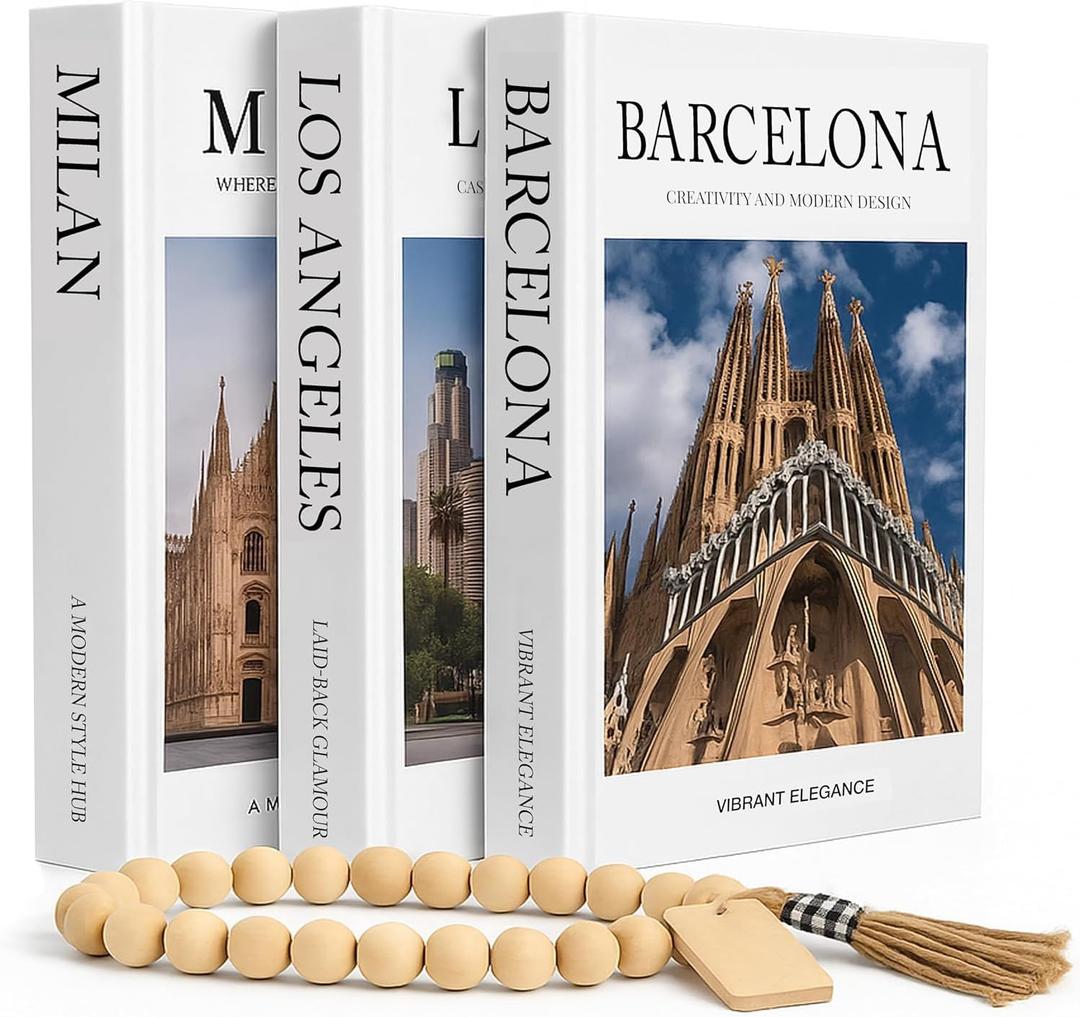 Decorative Coffee Table Book Set  3 Neutral Hardcover Books with Blank Pages for Home Styling  Travel-Inspired Display Featuring Barcelona, Milan & Los Angeles (Matte)