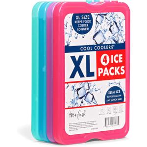 Cool Coolers by Fit & Fresh 4 Pack XL Slim Ice Packs, Quick Freeze Space Saving Reusable Ice Packs for Lunch Boxes or Coolers, Multi