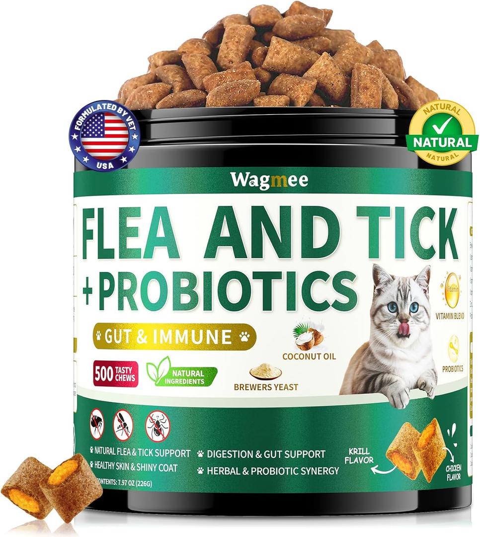 Flea and Tick Prevention for Cats Chews, 500 Crunchy & Creamy Flea Chews, Cat Flea Chewables with Probiotics - Skin & Coat Support - Fleas & Tick Supplement for Cats Kittens - Natural Chicken Flavor, BB Date 10/24/2027