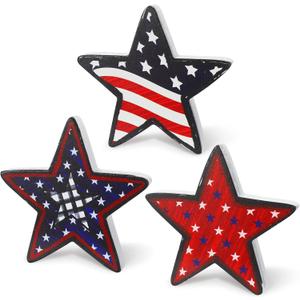 3 Pcs Patriot Day Wooden Stars Signs Red White Blue Rustic Table Decorations Patriotic American Stars Table Centerpieces Tiered Tray Decor for Patriot Veteran Day Home Kitchen Office Decor