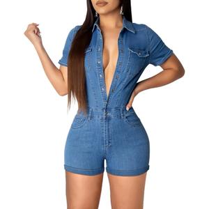 Denim Rompers for Women Sexy Short Sleeve Bodycon Short Pants Jeans Jumpsuits with Belt Pockets Botton Down, 3X-Large