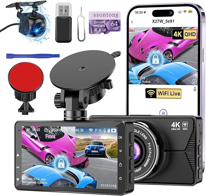 Dash Cam Front and Rear, Dash Cam 4K WiFi/APP Control Dashcam W/ 64GB Card Dash Camera for Cars DVR Car Security Cameras W/Loop Recording GSensor TimeLapse Parking Mode Car Dashcam USB Powered
