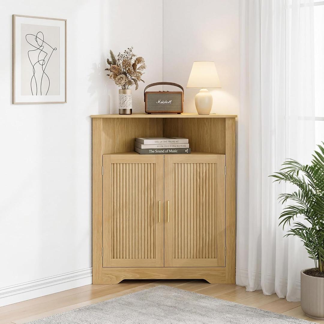 Smuxee Bathroom Corner Cabinet, Floor Corner Storage Cabinet with Fluted Door and Adjustable Shelf, Wooden Narrow Cabinet Organizer for Bathroom, Kitchen, Living Room, 23.4"L x 12.2"W x 38.1"H