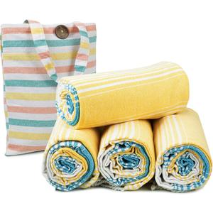 HILLFAIR Cotton Turkish Beach Towels, Quick Dry Lightweight Sand Free Peshtemal Towel for Bath Swim Yoga Travel, Beach Accessories, Oversized Cotton Turkish Towels (39 x 72 inch- 4 Pack Yellow Blue)