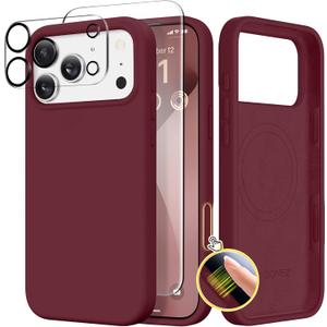 GONEZ Magnetic for iPhone 17 Pro Case, Compatible with MagSafe, [Screen Protector + Camera Lens Protector], Liquid Silicone Anti-Scratch Shockproof Protective Phone Case 6.3 inch, Maroon