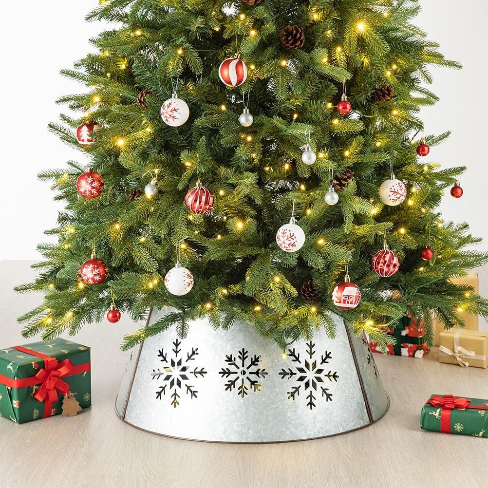 Glitzhome 26" D Metal Snowflake Diecut Tree Collar with Light String Tree Stand Cover Decorative Christmas Tree Ring for Holiday Decorations