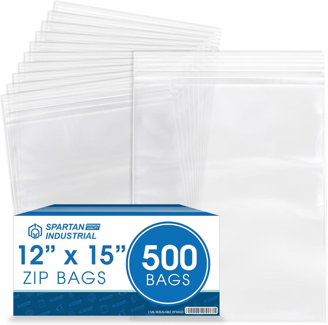Spartan Industrial - 12 X 15 (500 Count) 2 Mil Clear Reclosable Zip Plastic Poly Bags with Resealable Lock Seal Zipper
