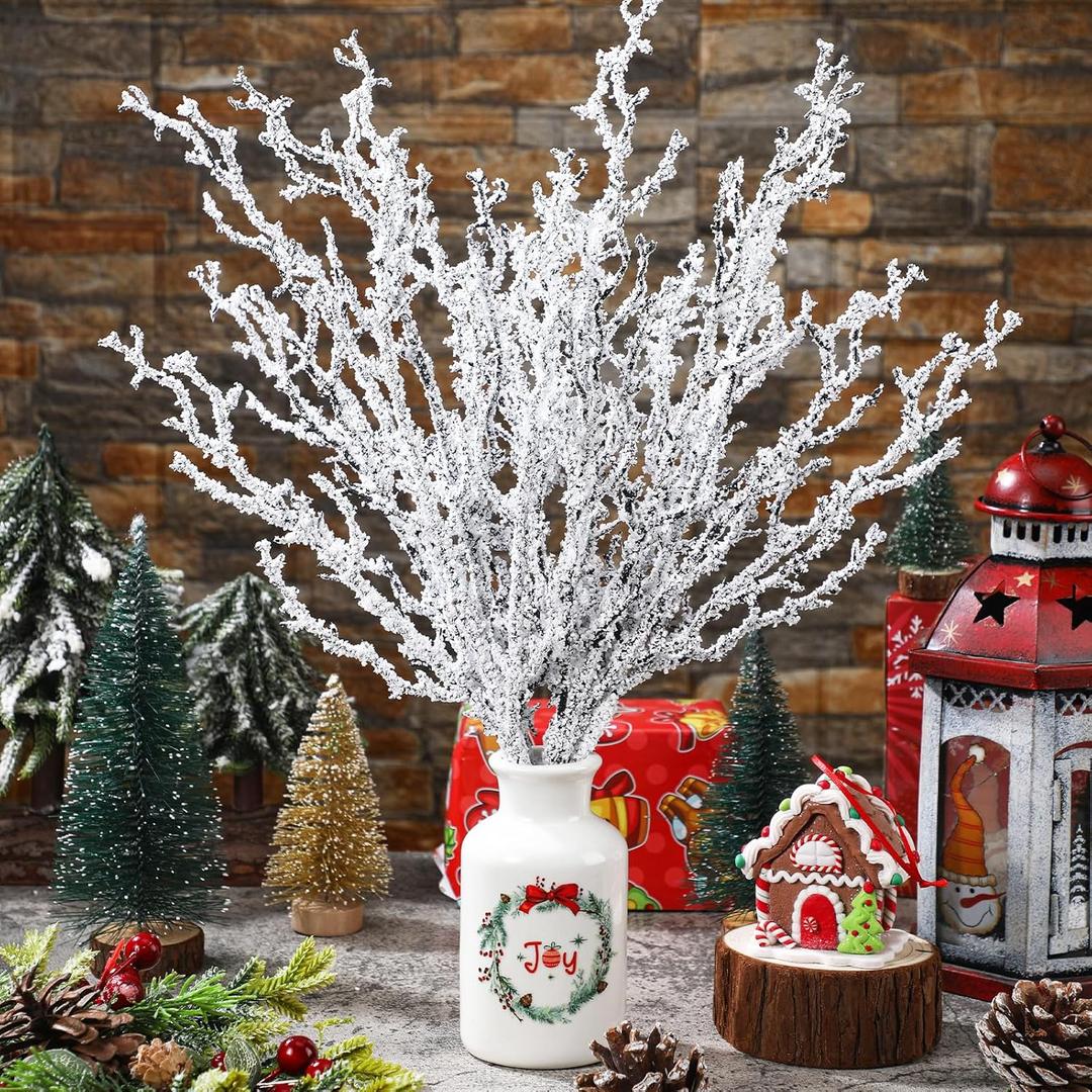 Giegxin 6 Pieces Snowy Branches Tree Picks 16 Inch Artificial White Christmas Tree Branches White Christmas Greenery Stems Frosted Twigs Stems for Xmas Wreaths Home Table Decor