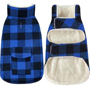 Malier Classic Plaid Fleece Dog Coat Jacket with Pocket, Windproof Warm Dog Coat Vest Winter Pet Clothes Apparel for Small Medium Large Dogs (Blue, X-Small)