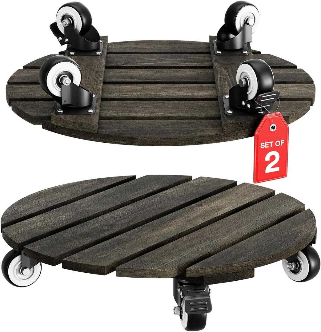 IDZO 2-Pack 14 Inch Acacia Wood Rolling Round Plant Caddy for Plant Pots, Heavy Duty Plant Stand with 360° Lockable Wheels, 264 lbs Capacity Caddy for Indoor and Outdoor Use, Black