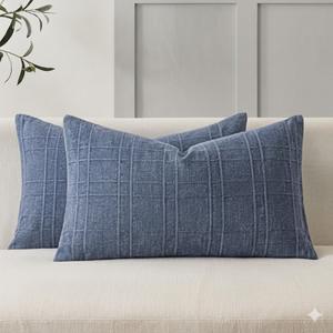 MIULEE Decorative Linen Check Lumar Throw Pillow Covers Neutral Farmhouse Vintage Pillow Covers 12x20 Set of 2 Boho Modern Home Decor for Sofa Couch Bedroom Cushion  Blue