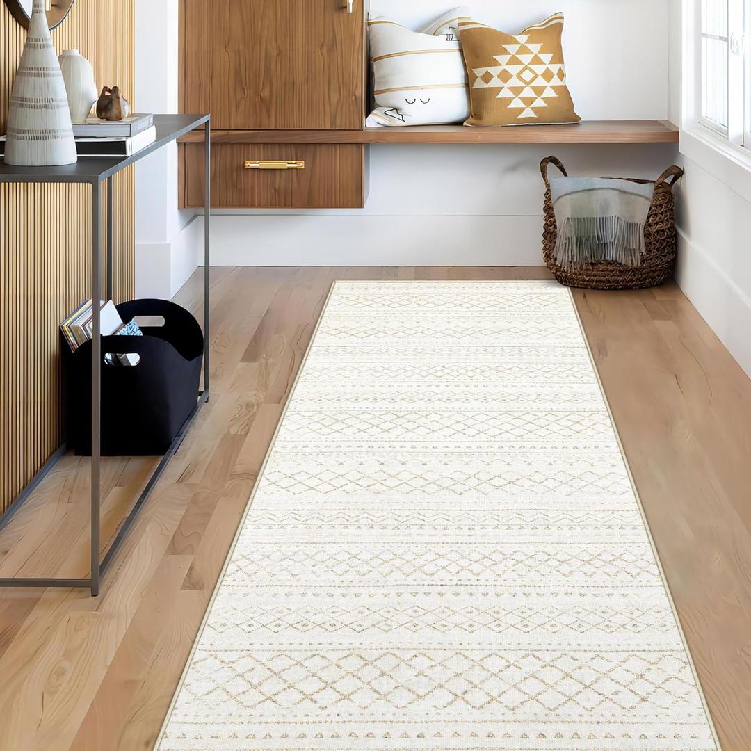 Runner Rug 2x5 Boho Geometric Area Rugs: Small Washable Kitchen Rug, Soft Non Slip Moroccan Long Hallway Rugs for Bedroom Bathroom Laundry Entryway Staircase Foyer (Beige, 2X5)