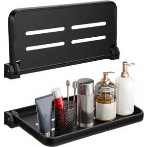 Telooco 2Pcs Bathroom Shelves No Drill Wall Mounted Foldable Shlf Small Floating Metal Adhesive Shelves for Laundry Toilet Room Shower Wall Organizer (Black)