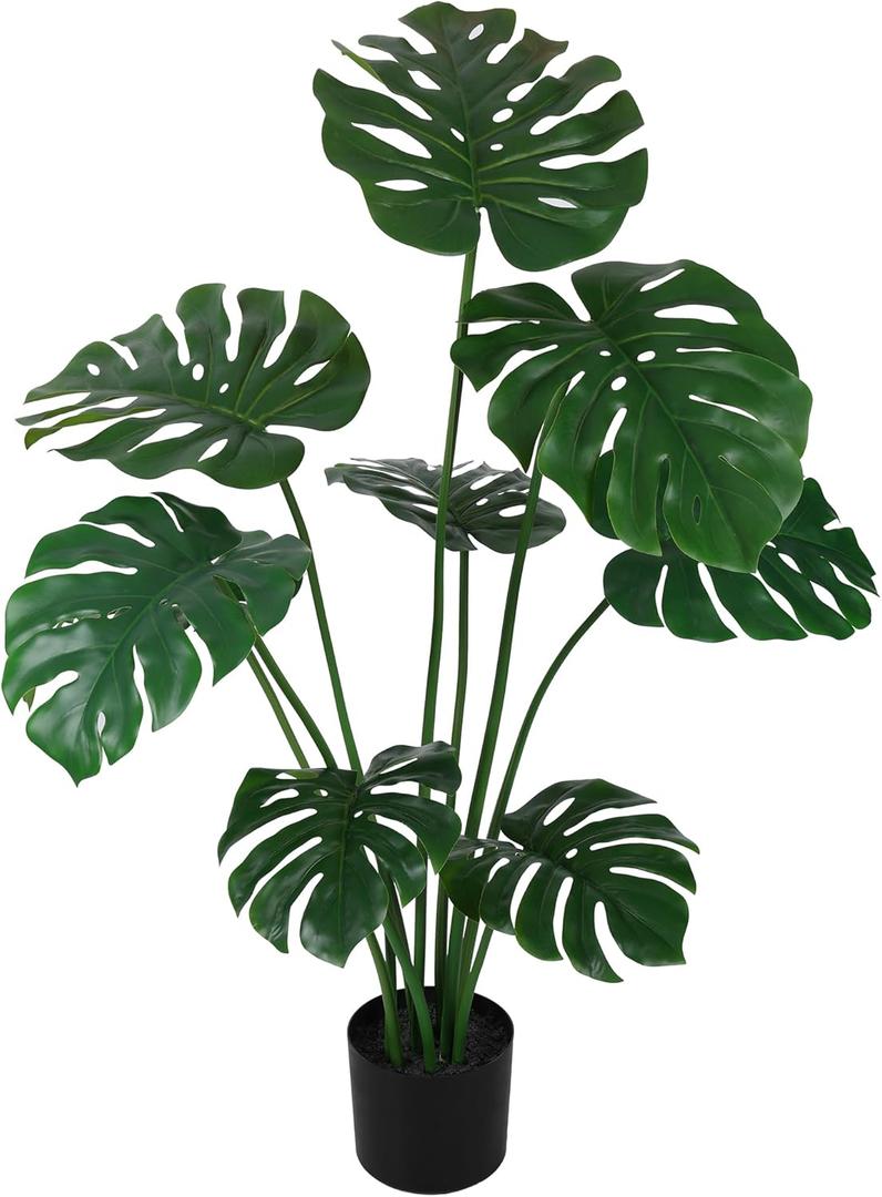 Artificial Monstera Plant for Indoor-Outdoor: 3.5ft Large Faux Monstera Deliciosa Plant with Realistic Long Lasting Color Leaves in Pot - Low Maintenance Fake Plants for Home Office Decor