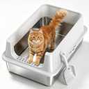 XL Open Top Stainless Steel Litter Box with High Sides, Gray