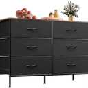 WLIVE Wide Dresser with 6 Drawers, TV Stand for 50 Inches TV, Entertainment Center with Metal Frame, Wooden Top, Fabric Storage Dresser for Bedroom, Hallway, Entryway, Black and Rustic Brown