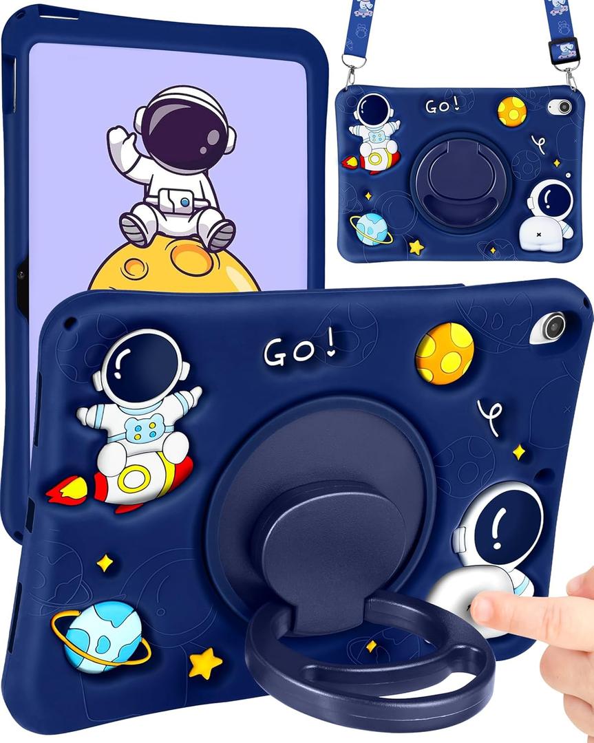 Wazzasoft for iPad A16 Case - for iPad 10th Generation Case Boys Cute Astronaut Cover Kawaii 3D Cartoon Cool with Rotating Handle Stand + Strap Soft Silicone Funda for Apple 10/11th Gen 10.9 Inch