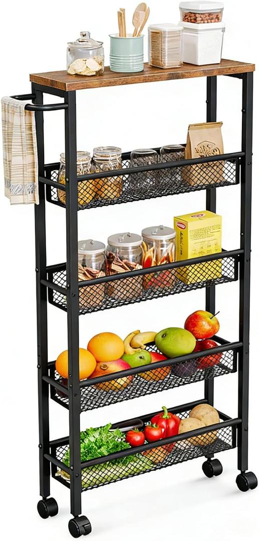 AZERPIAN Slim Rolling Cart 5 Tier Narrow Storage Cart on Wheels with MDF Board Top and Metal Handle for Small Space Kitchen Living Room Home Office Pantry Bathroom Laundry (16.38 x 5.12 x 39.17 inch)