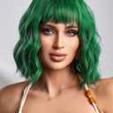 LOSMOEER Green Wig with Bangs Short Wavy Wigs for Women Shoulder Length Curly Bob Wigs Heat Resistant Synthetic Wigs for Halloween Cosplay Daily Party Use (14 Inch)