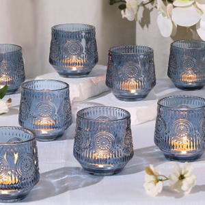 12pcs Large Blue Votive Candle Holders, 3.16"3.16" Blue Votives with Vintage Floral Design, Tealight Candle Holder for Wedding Decor, Bridal Shower, Centerpieces for Tables