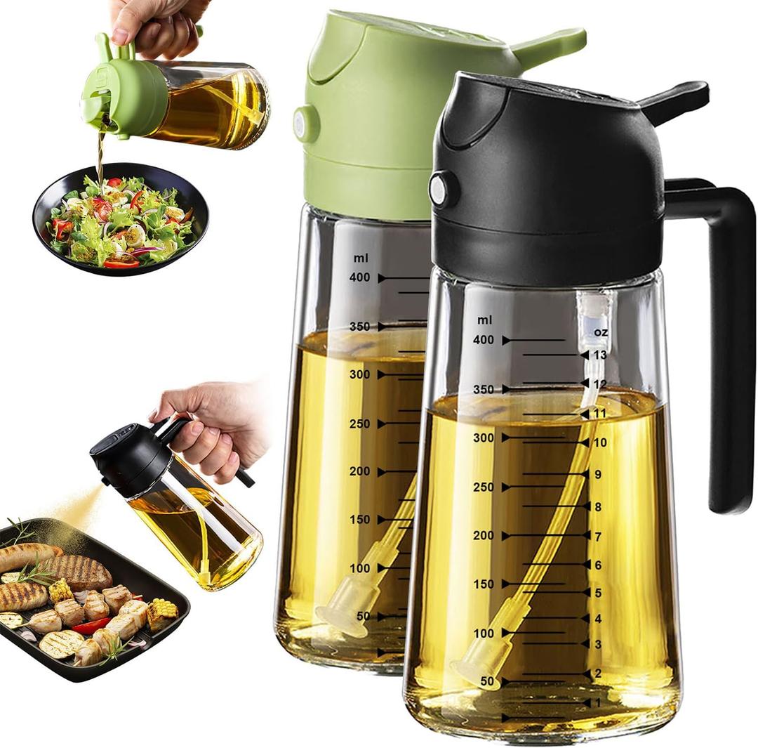 TrendPlain 16oz/470ml Glass Olive Oil Sprayer for Cooking 2 in 1 Olive Oil Dispenser Bottle for Kitchen Gadgets and Air Fryer Accessories, Salad, BBQ - Black & Green