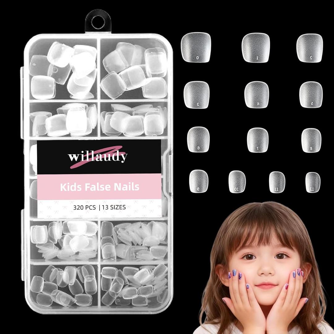 320 Pcs 13 Sizes Short Clear Press on Nails for Kids Acrylic Fake Nails for Girls Full Cover Kids Nails Set Matte Nail Tips