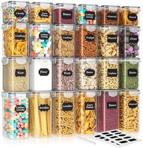 SNSLXH Airtight Food Storage Containers with Lids, 24 pcs Plastic Pantry Organizers and Storage Canisters for Cereal, Dry Food, Flour and Sugar, BPA Free, Includes 24 Labels