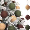 JOICEE 9 Pcs Boho Christmas Ball Ornaments Set, Jute Rope Hanging Balls Neutral Rustic Ornaments Christmas Ball Decoration for Xmas Tree Wreath Garland Party Farmhouse Decor(Green, Linen,Dark Brown)