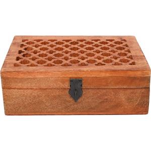 Samhita Mango Wood Decorative Wooden Box with Hinged Lid in Jali Carvings Used as Storage Box Christmas Gifts Items (9" x 6" x 3')