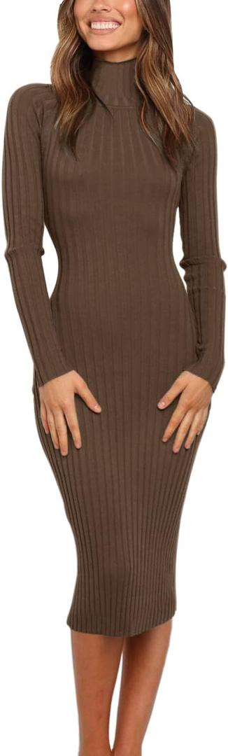 MEROKEETY Women's Long Sleeve Sweater Dress 2025 High Neck Slim Fit Ribbed Knit Midi Winter Dresses (Brown, L)