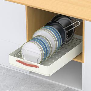 KMC Cabinet Pull-Out Organizer  No Screw, Peel & Stick Sliding Pantry Shelf  Adjustable Clips to fit Different Sized Dishes, Deep Kitchen Pullout with Home Adhesive