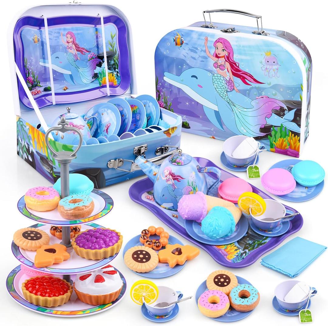 Auney Tea Set Toys for Girls 36pcs, Mermaid Pretend Play Gifts for Toddler Age 3-6, Kids Girls Toys Gifts for Party Time Including Carrying Case (Mermaid Toy)