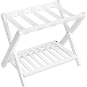 Solid Wood Luggage Rack, No Assembly Required, Foldable Suitcase Stand, Luggage Holder, with Storage Shelf, for Guest Room, Hotel, Bedroom, Cloud White