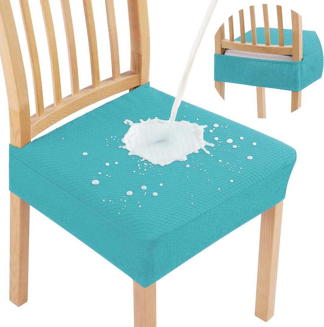 Smiry Waterproof Seat Covers for Dining Room Chairs Set of 4, Stretch Jacquard Removable Washable Chair Seat Slipcovers Protector, No Rear Covers, Aqua