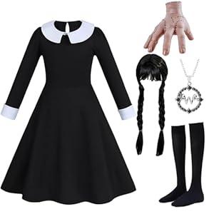 6pcs Girls Halloween Costume Girls Black Dress Long Sleeve with Wig Necklace Sock 314Y (78 Years)