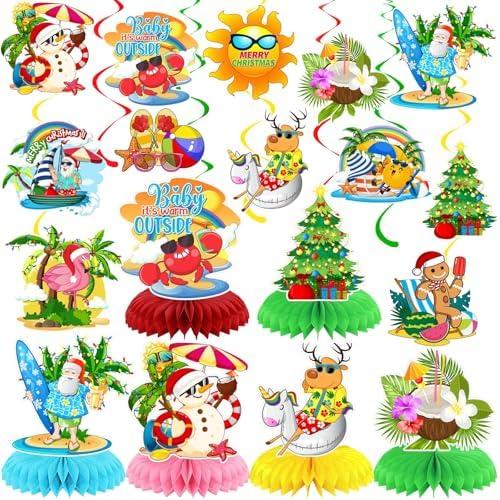 84 Pcs Hawaiian Christmas Party Decoration Honeycomb Table Centerpieces Hawaiian Christmas Hanging Decoration Swirl Flamingo Santa Slipper Tropical Table Topper for Tropical Party Favor