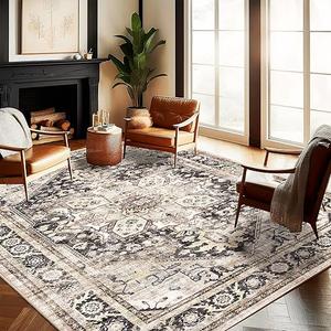 9x12 Washable Area Rug Boho Chic Medallion Distressed Design Non-Shedding Easy Care Ideal for High Traffic Areas in Rugs for Living Room Bedroom Office Coffee Table Large Carpet