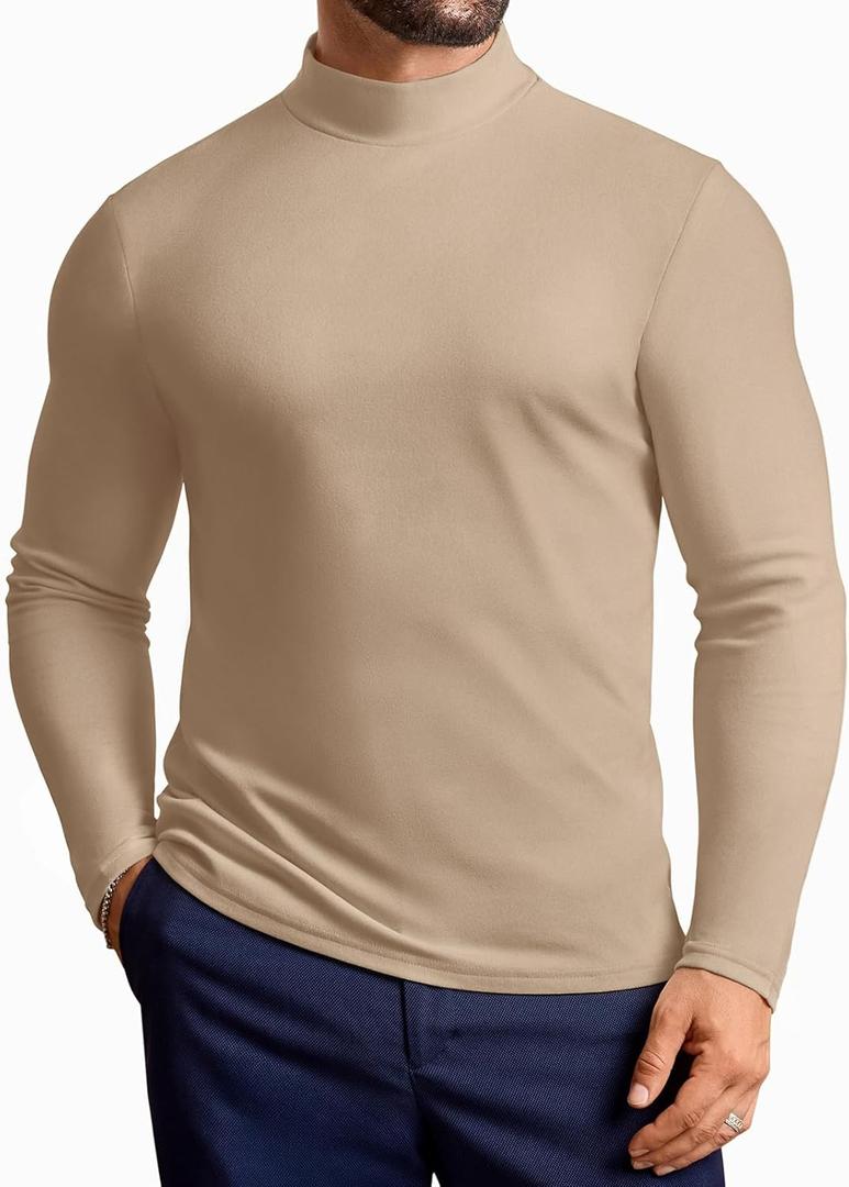 Vssjavun Mens Mock Turtleneck Long Sleeve Shirts Casual Slim Fit Undershirt Lightweight T-Shirt for Outdoor & Business (Beige, L)