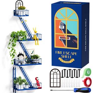 Fire Escape Shelf 4 Tier Metal Fire Escape Wall Shelves with Baskets, New York Action Figurine Display Shelf, Unique Rustic Floating Decorative Wall Shelves Navy Blue (3.5 Tier)
